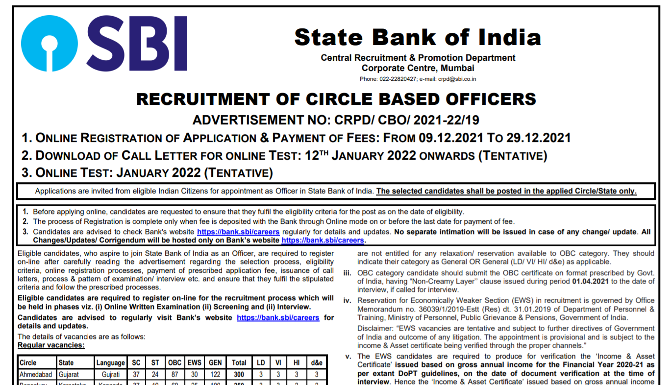 sbi circle based officer CBO 1226 Posts 2021.png